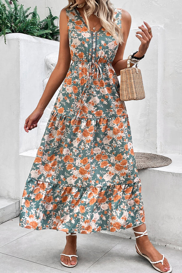 KaleaBoutique Stylish Floral Print Trimmed V Neck Tie Waist Sleeveless Holiday Long Dress - KaleaBoutique.com