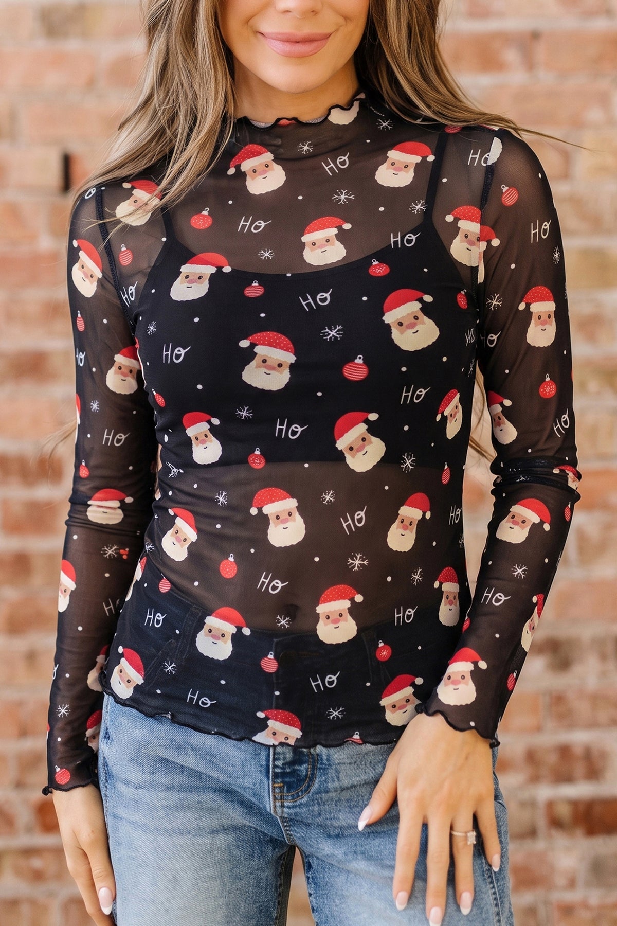 KaleaBoutique Stylish Santa Print Sheer Stand Neck Long Sleeve Top - KaleaBoutique.com