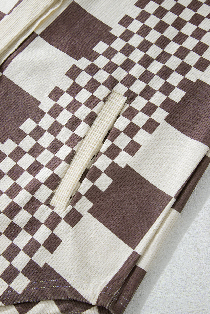 KaleaBoutique Checkered Print Patchwork Corduroy Shacket - KaleaBoutique.com