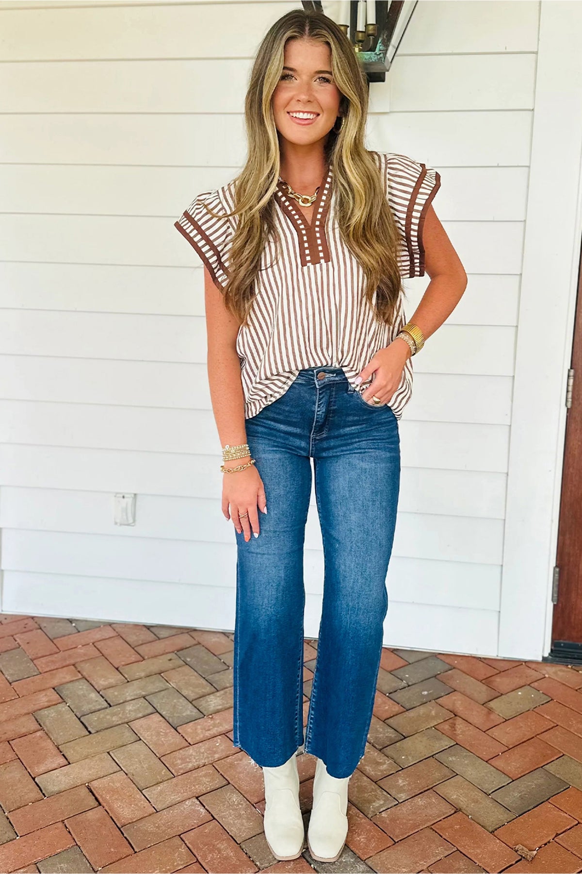 KaleaBoutique Stylish Double Ruffled Short Sleeve V Neck Blouse - KaleaBoutique.com