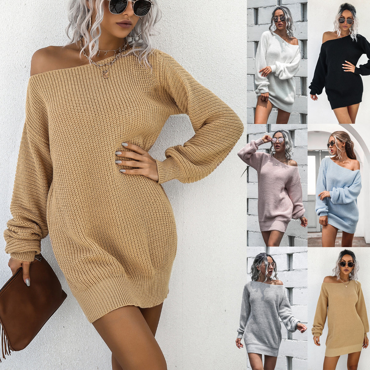 Women's Off-Shoulder Lantern-Sleeve Mini Sweater Dress - KaleaBoutique.com
