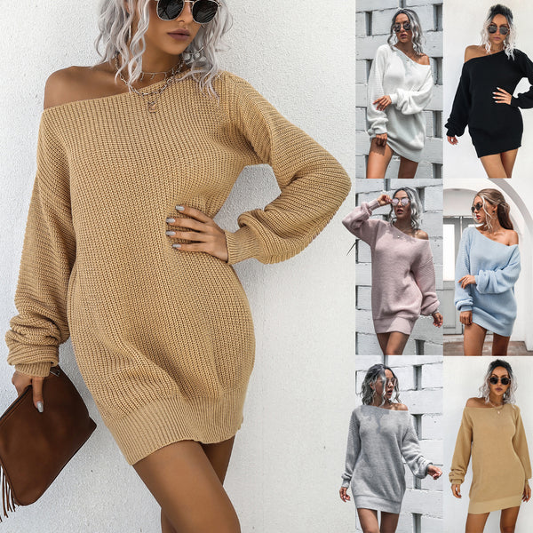 Women's Off-Shoulder Lantern-Sleeve Mini Sweater Dress - KaleaBoutique.com