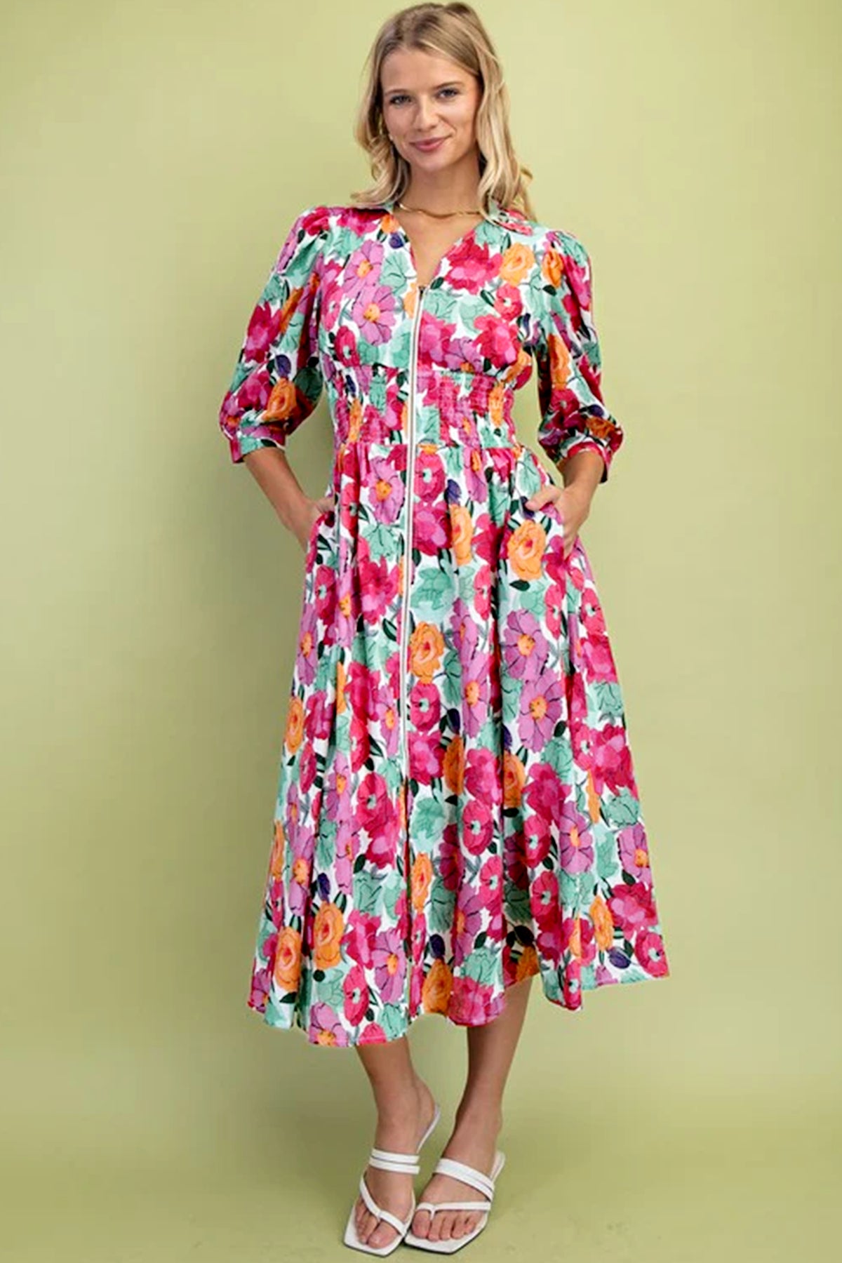 KaleaBoutique Stylish Vibrant Floral Print V Neck Zip Up Puffy Half Sleeve Dress - KaleaBoutique.com