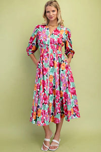 KaleaBoutique Stylish Vibrant Floral Print V Neck Zip Up Puffy Half Sleeve Dress - KaleaBoutique.com