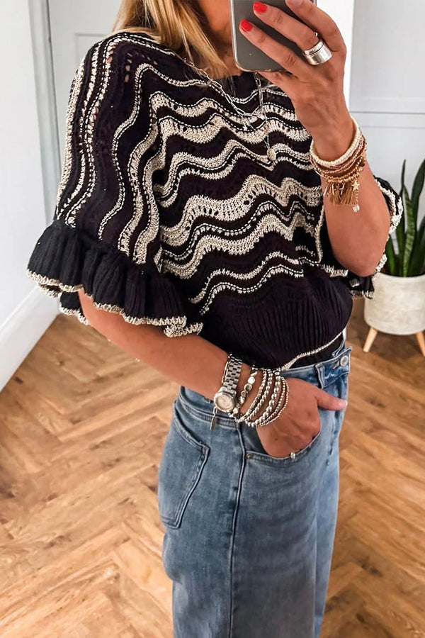 KaleaBoutique Stylish Wavy Crochet Eyelet Detail Ruffle Half Sleeve Sweater - KaleaBoutique.com