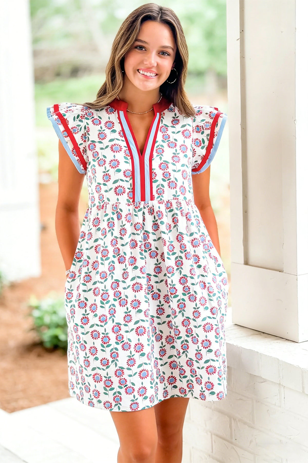 KaleaBoutique Stylish Floral Print Contrast Trim Flutter Sleeve Mini Dress - KaleaBoutique.com