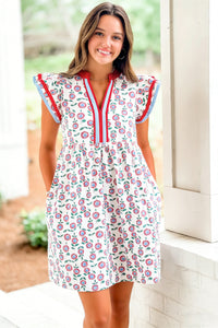 KaleaBoutique Stylish Floral Print Contrast Trim Flutter Sleeve Mini Dress - KaleaBoutique.com
