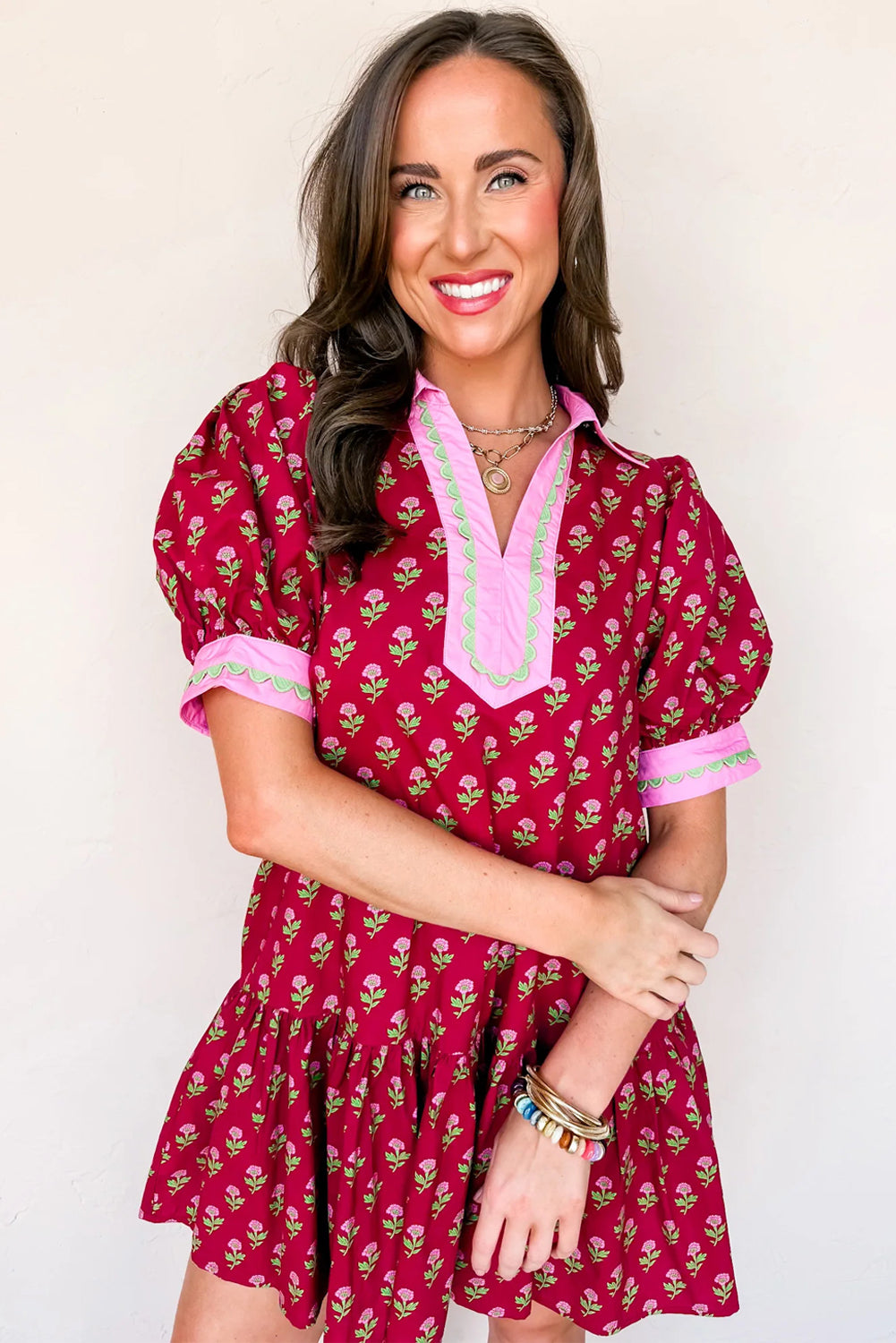 Floral Print Contrasted V Neck Short Bubble Sleeve Mini Dress - KaleaBoutique.com