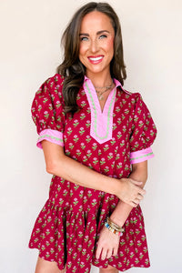 Floral Print Contrasted V Neck Short Bubble Sleeve Mini Dress - KaleaBoutique.com