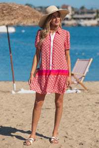 KaleaBoutique Stylish Geometric Floral Print Color Block Trim Button Front Ruffle Hem Dress - KaleaBoutique.com
