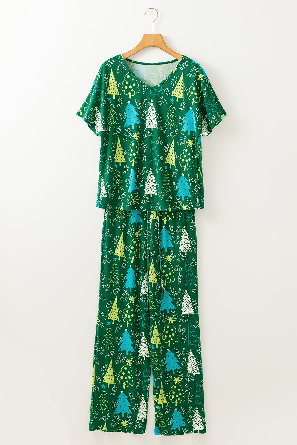 KaleaBoutique Stylish Christmas Tree Print V Neck Tee and Pants Lounge Set - KaleaBoutique.com