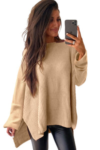 Cable Knit Drop Shoulder Side Slits Loose Sweater - KaleaBoutique.com