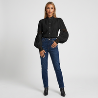 Women's Lace-Panel Lantern-Sleeve Button-Front Blouse