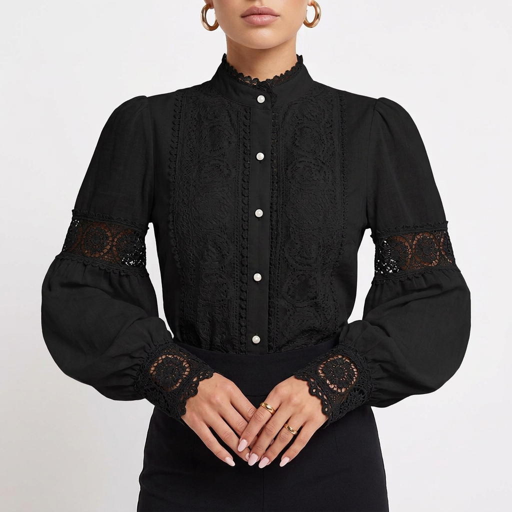 Women's Lace-Panel Lantern-Sleeve Button-Front Blouse