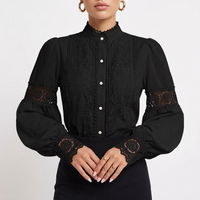 Women's Lace-Panel Lantern-Sleeve Button-Front Blouse