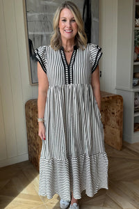 Double Ruffled Short Sleeve Contrast Trim V Neck Midi Dress - KaleaBoutique.com
