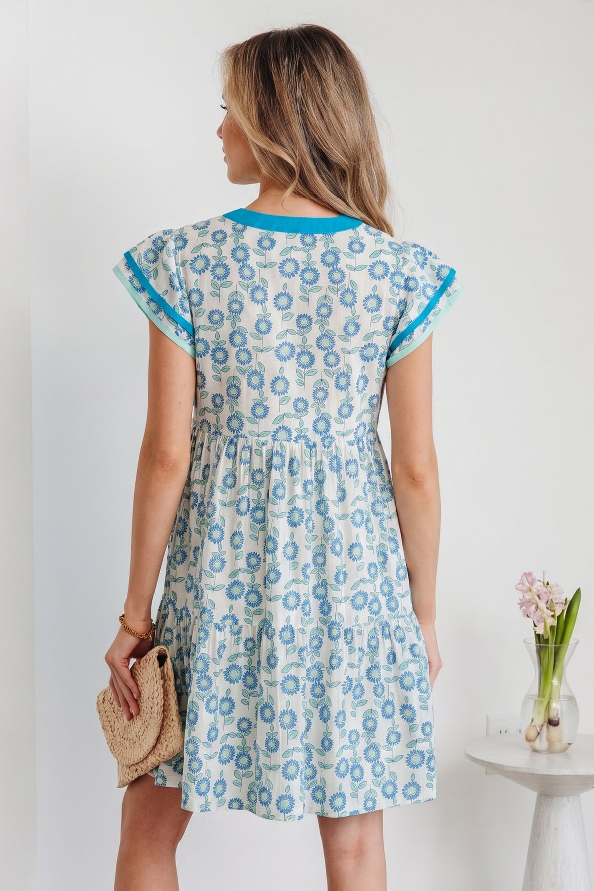KaleaBoutique Stylish Floral Print Contrast Trim Flutter Sleeve Mini Dress - KaleaBoutique.com