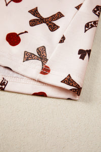 KaleaBoutique Stylish Chic Bow Cherry Printed Leopard Contrast Patchwork Shirt Drawstring Shorts 2pcs PJ Set - KaleaBoutique.com
