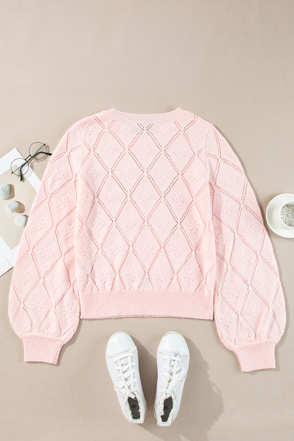 KaleaBoutique Openwork Plaid Puff Sleeve Cropped Sweater - KaleaBoutique.com