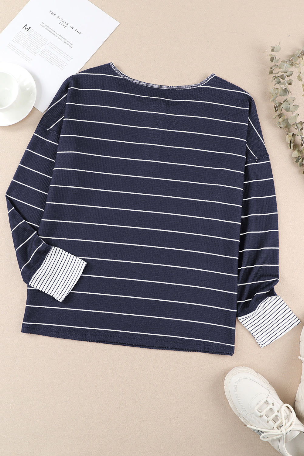 KaleaBoutique Stylish Striped Buttoned Henley Waffle Knit Top - KaleaBoutique.com