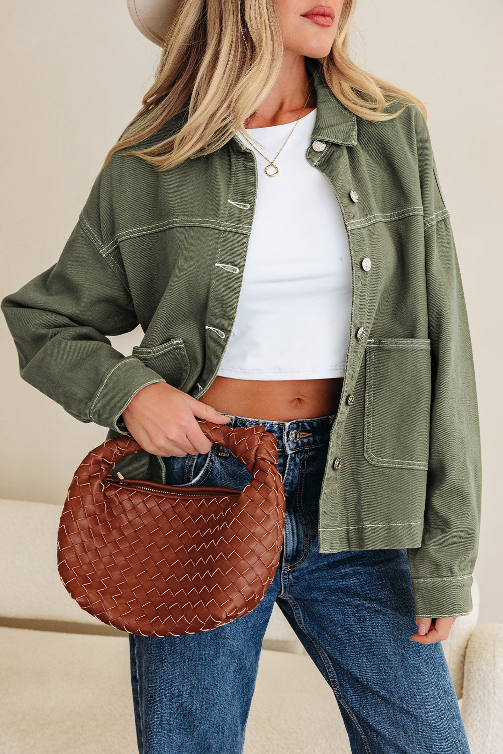 Patched Pocket Collared Button Front Boyfriend Denim Jacket - KaleaBoutique.com