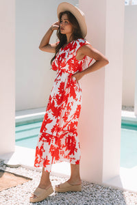 KaleaBoutique Stylish Floral Print Trimmed V Neck Ruffle Sleeve Long Dress - KaleaBoutique.com