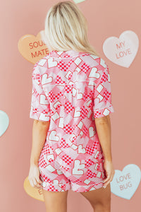 KaleaBoutique Comfortable Heart Print Shirt Style Silky Short Pajama Set - KaleaBoutique.com