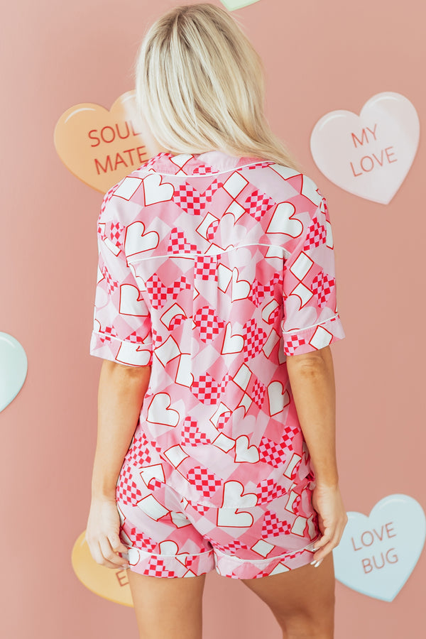 KaleaBoutique Comfortable Heart Print Shirt Style Silky Short Pajama Set - KaleaBoutique.com