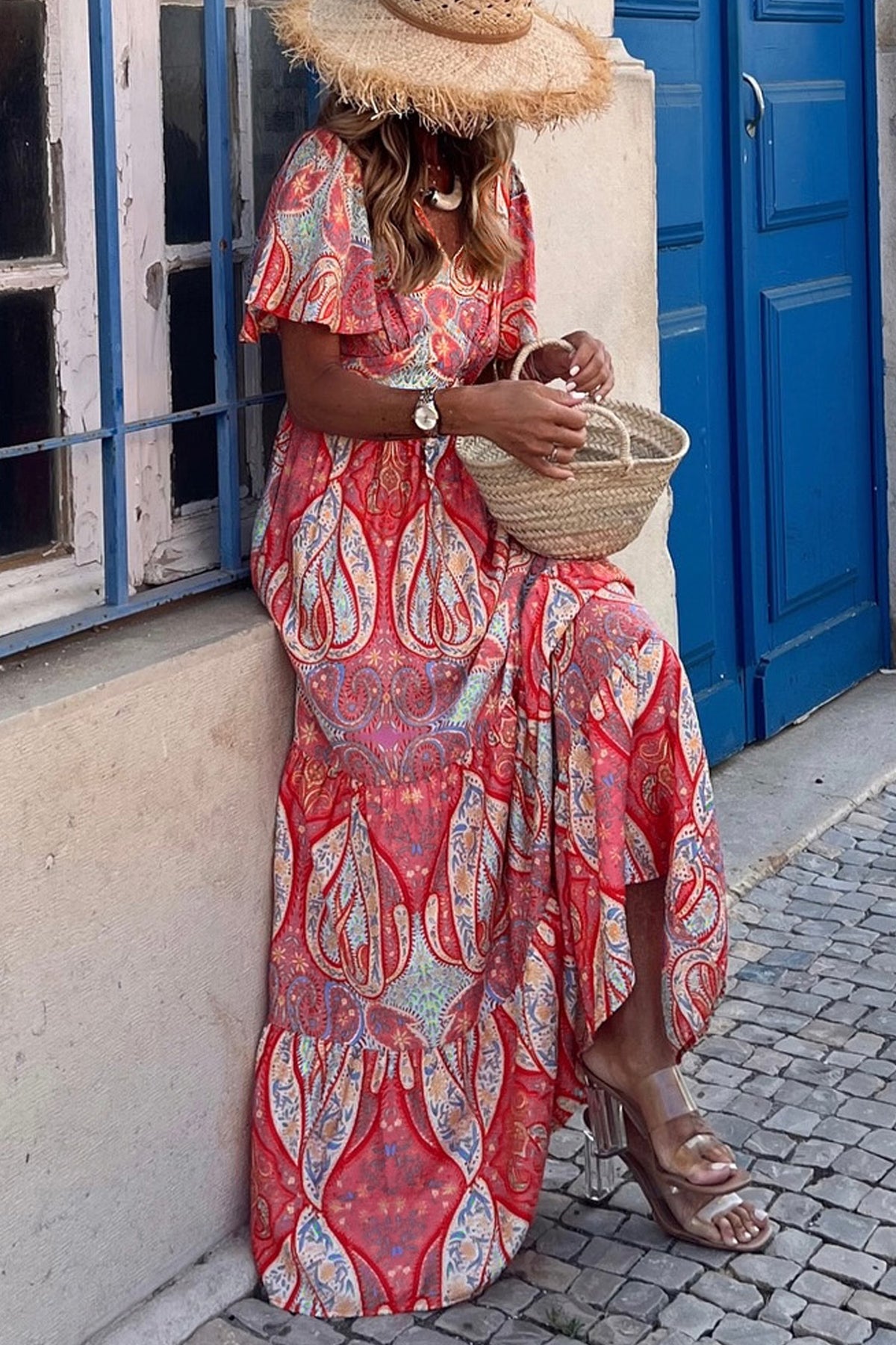 KaleaBoutique Comfortable Paisley Print V-Neck Short Sleeve Boho Maxi Dress with Ruffle Details - KaleaBoutique.com