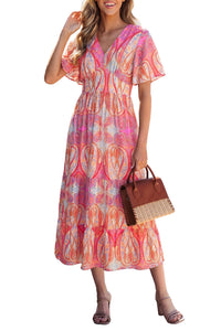 KaleaBoutique Comfortable Paisley Print V-Neck Short Sleeve Boho Maxi Dress with Ruffle Details