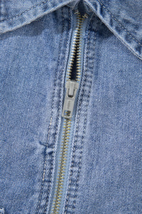 KaleaBoutique Stylish Studded Metal Zipper Rivet Pockets Long Sleeve Denim Jacket - KaleaBoutique.com