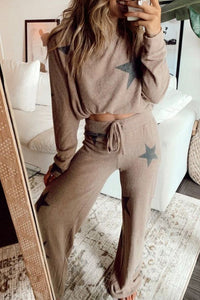KaleaBoutique Stylish Retro Star Print Loose Long Sleeve Drawstring Wide Leg 2pcs Lounge Set - KaleaBoutique.com