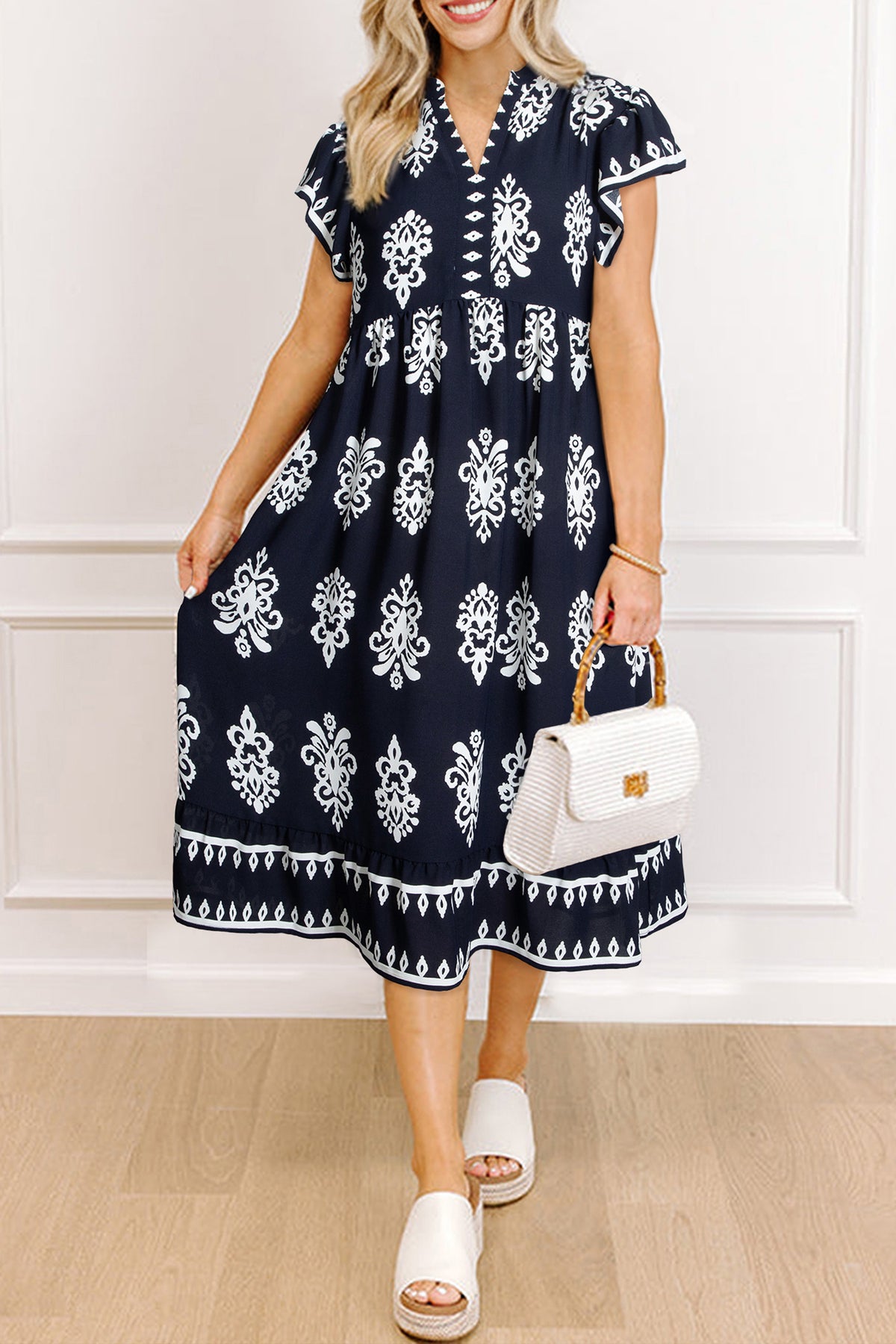 Western Ethnic Print Notched Neck Short Sleeve Midi Dress - KaleaBoutique.com