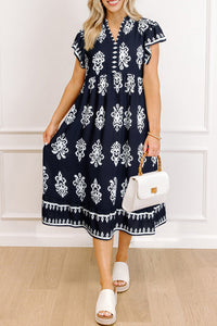 Western Ethnic Print Notched Neck Short Sleeve Midi Dress - KaleaBoutique.com