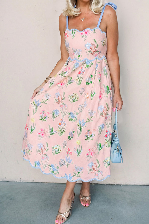 KaleaBoutique Stylish Floral Print Contrast Trim Self-tie Straps High Waist Midi Dress - KaleaBoutique.com