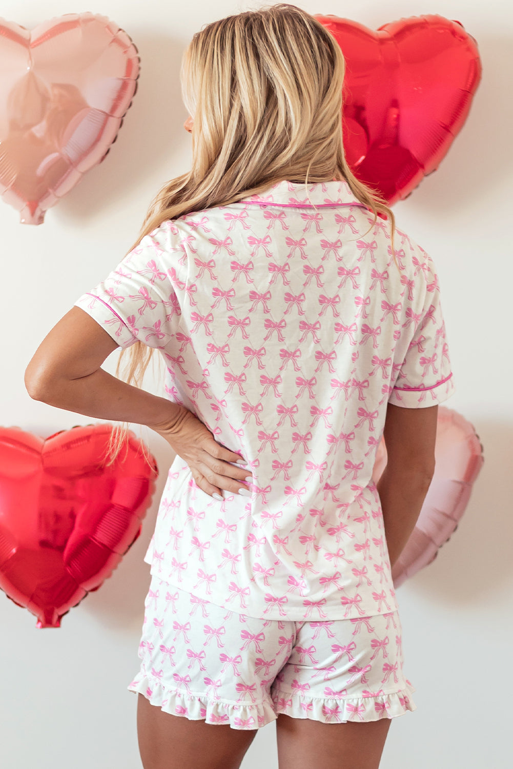 KaleaBoutique Comfortable Bowknot Printed Short Sleeve and Ruffled Shorts Pajama Set - KaleaBoutique.com