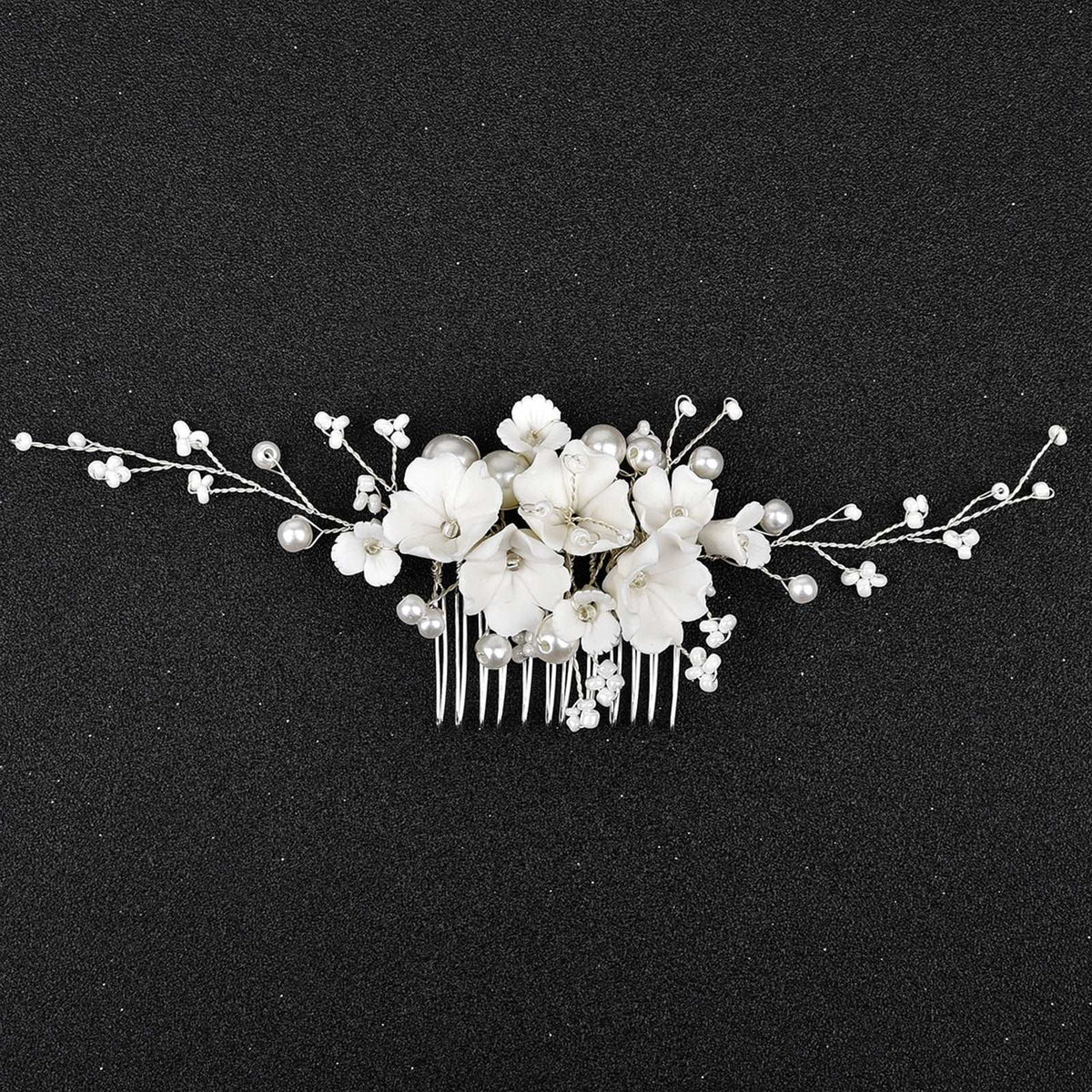 Bouquet Bridal Ceramic Floral Necklace Set, White Clay Flowers and Pearls Necklace and Earrings 3 Piece Set - KaleaBoutique.com