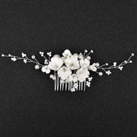 Bouquet Bridal Ceramic Floral Necklace Set, White Clay Flowers and Pearls Necklace and Earrings 3 Piece Set - KaleaBoutique.com