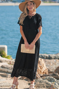 KaleaBoutique Comfortable Floral Lace Overlay Tassel Tie Short Sleeve Beach Vacation Loose Maxi Dress - KaleaBoutique.com