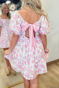 KaleaBoutique Stylish Floral Print Square Neck Ribbon Knot Back Cute Mini Dress - KaleaBoutique.com
