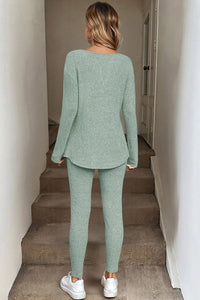 KaleaBoutique Comfortable Ribbed Notched Neck Knit Long Sleeve Leggings Two Pieces Lounge Set - KaleaBoutique.com