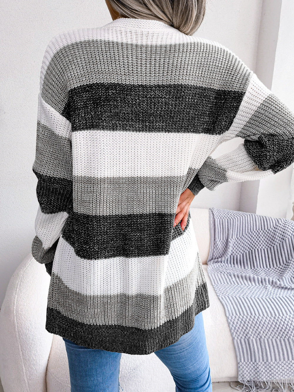 Women's Colorblock Stripe Open-Front Balloon-Sleeve Cardigan - KaleaBoutique.com
