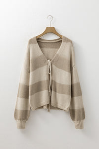 KaleaBoutique Comfortable Striped Color Block Brushed Knit Bow Tie Front Sweater Cardigan - KaleaBoutique.com