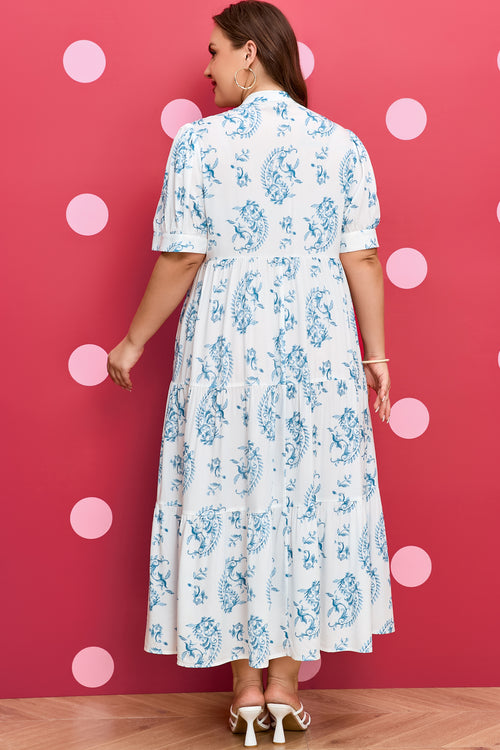 Sky Blue Plus Size Geometric Floral Tiered Maxi Dress - KaleaBoutique.com