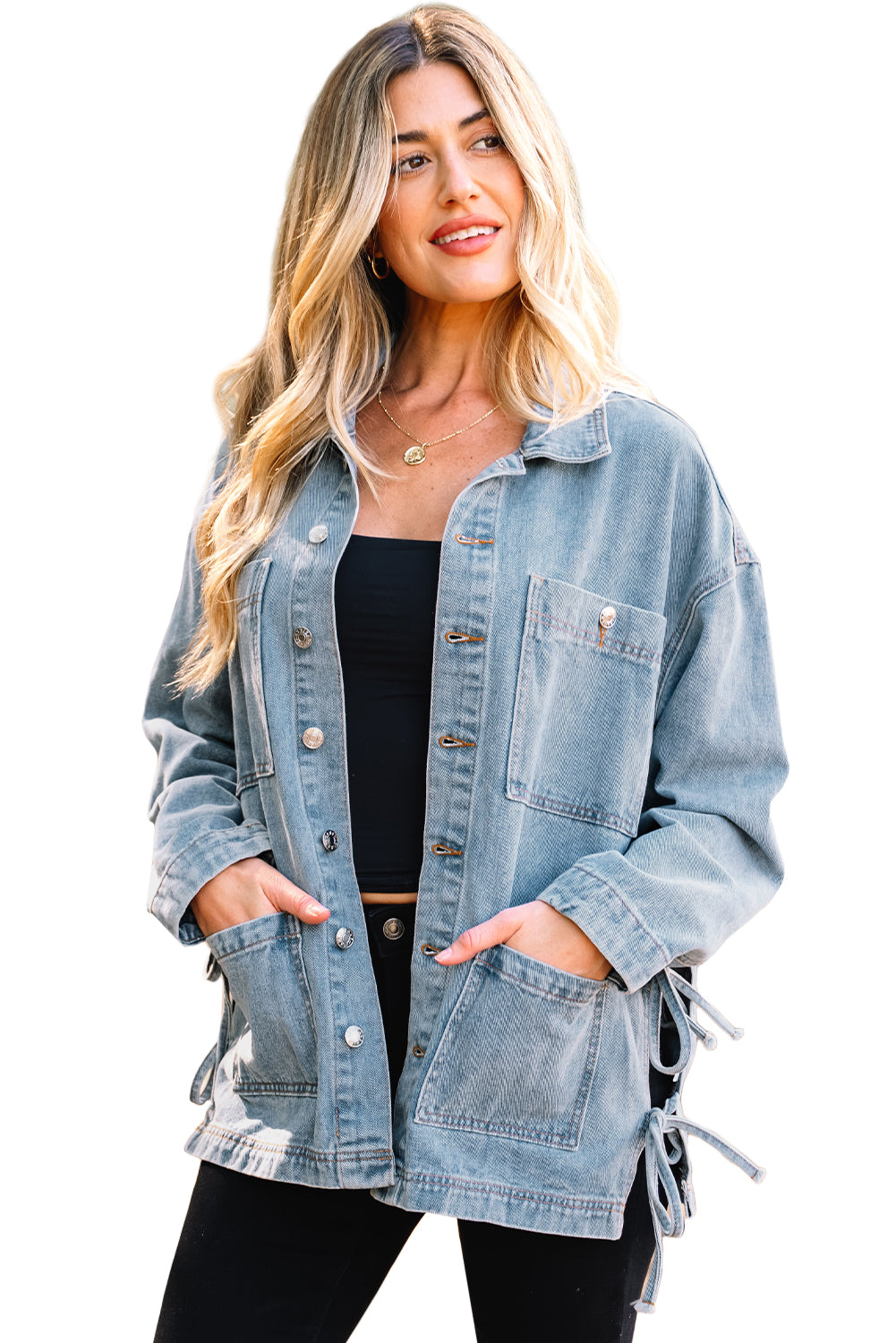 Multi Patched Pockets Side Tie up Boyfriend Style Denim Jacket - KaleaBoutique.com