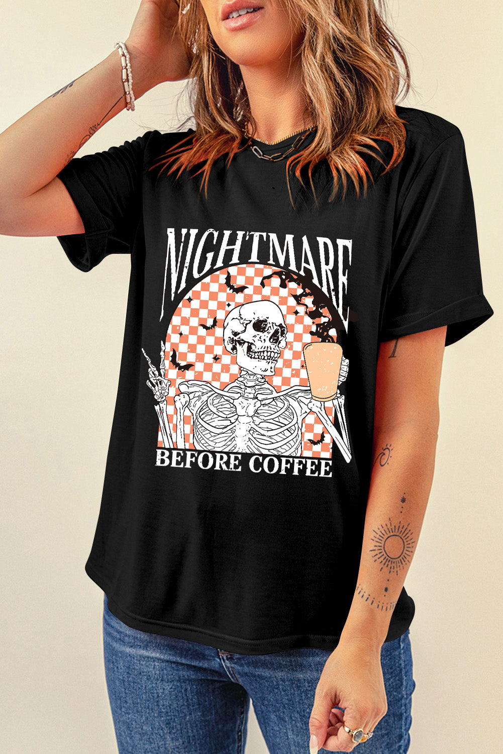 Black Nightmare Before Coffee Skull Checkerboard Halloween Tee - KaleaBoutique.com