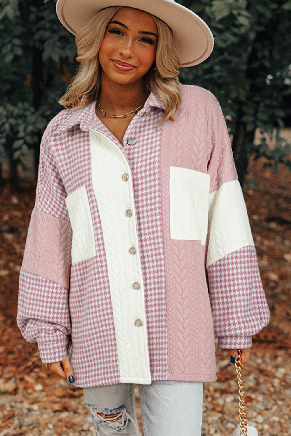 Houndstooth Color Contrast Textured Patchwork Loose Shacket - KaleaBoutique.com