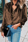 KaleaBoutique Frilled Neck Buttoned Front Velvet Top - KaleaBoutique.com