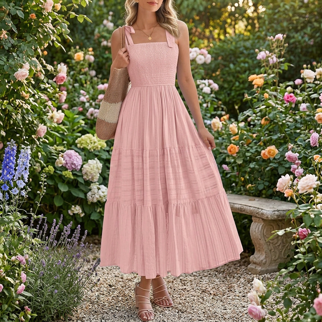 2026 Hot Summer Pleated A-Line Cami Long Dress With Pockets, Beach Vacation Style - KaleaBoutique.com