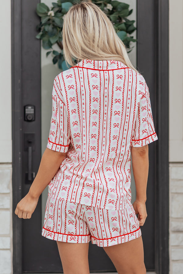 KaleaBoutique Stylish Cute Bow Heart Print Ribbon Decor Short 2pcs Pajama Set - KaleaBoutique.com